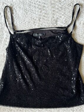 BCBGMaxAzria Black Sequin Spaghetti-Strap Cami